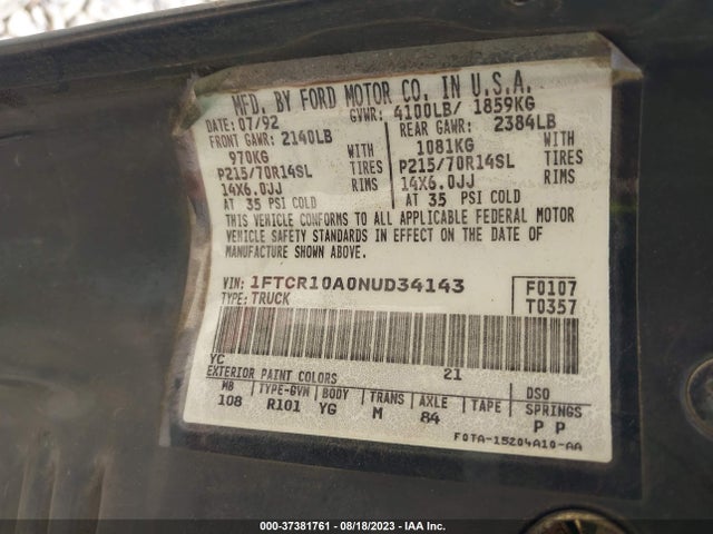 1992 FORD RANGER VIN: 1FTCR10A0NUD34143