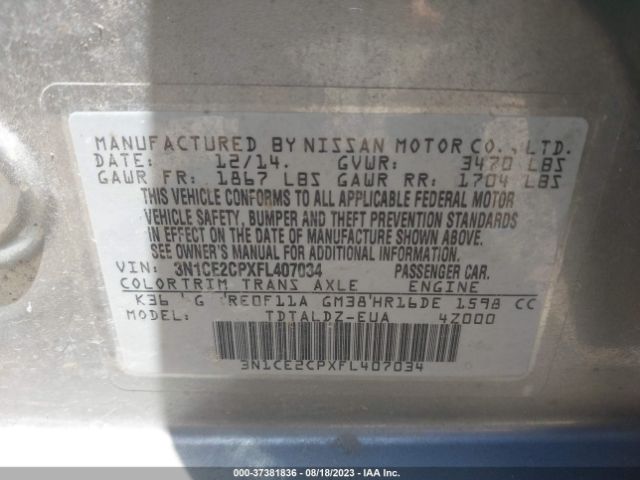 3N1CE2CPXFL407034 Nissan Versa Note S/s Plus/sv/sr/sl
