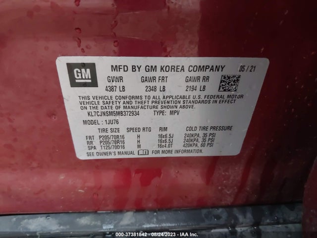 Chevrolet Trax Awd Ls 2021 KL7CJNSM5MB372934 Image 9