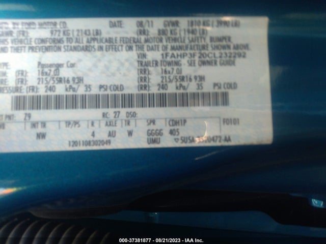 2012 FORD FOCUS SE VIN: 1FAHP3F20CL232292