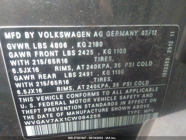 2012 VOLKSWAGEN TIGUAN LE VIN: WVGAV7AX1CW084255