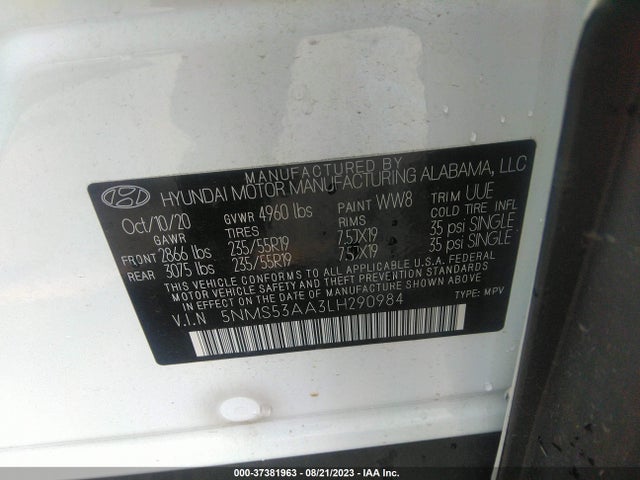 2020 HYUNDAI SANTA FE LIMITED VIN: 5NMS53AA3LH290984
