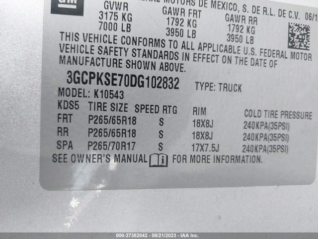 2013 CHEVROLET SILVERADO 1500 LT VIN: 3GCPKSE70DG102832