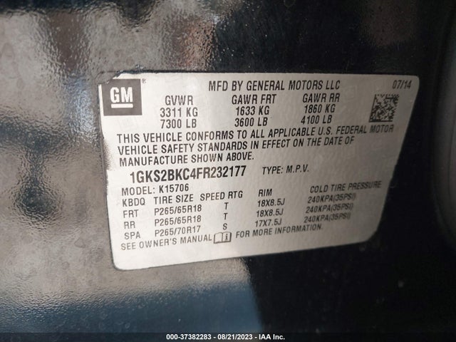 1GKS2BKC4FR232177 GMC YUKON SLT