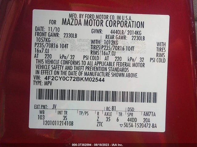 2011 MAZDA TRIBUTE SPORT VIN: 4F2CY0C72BKM02544