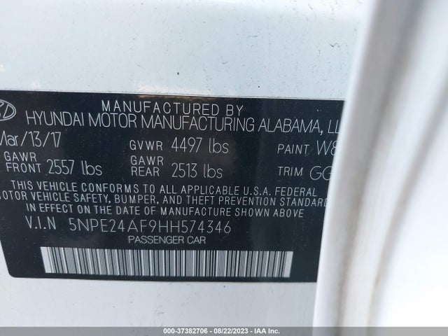 2017 HYUNDAI SONATA SE VIN: 5NPE24AF9HH574346