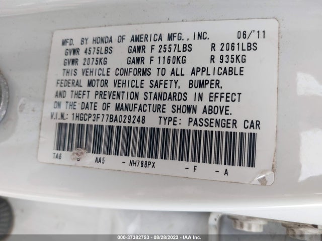 2011 HONDA ACCORD SDN EX VIN: 1HGCP3F77BA029248