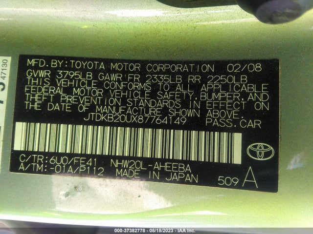 2008 TOYOTA PRIUS VIN: JTDKB20UX87764149