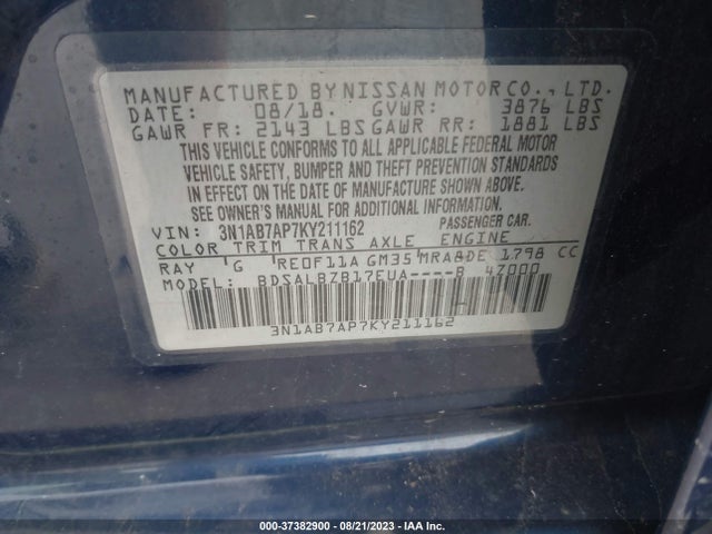 2019 NISSAN SENTRA S VIN: 3N1AB7AP7KY211162
