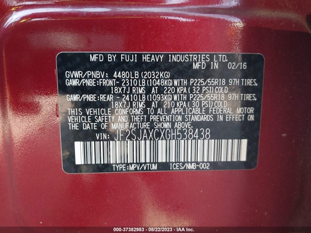 2016 SUBARU FORESTER 2.5I TOURING VIN: JF2SJAXCXGH538438