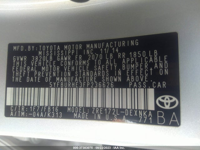 Toyota Corolla L/le/s/s Plus/le Plus 2015 5YFBURHE3FP236626 Image 15