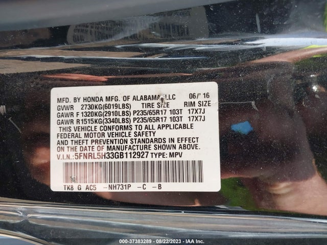 Honda ODYSSEY SE 2016 5FNRL5H33GB112927 Image 9