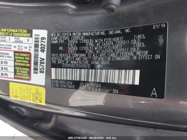2014 TOYOTA SIENNA XLE/XLE AAS/LTD VIN: 5TDYK3DC1ES456015