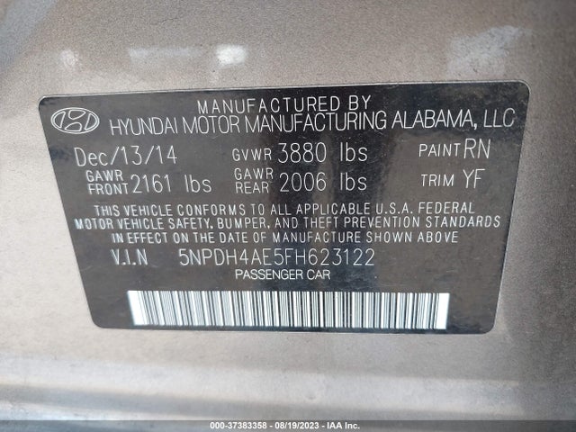2015 HYUNDAI ELANTRA SE VIN: 5NPDH4AE5FH623122