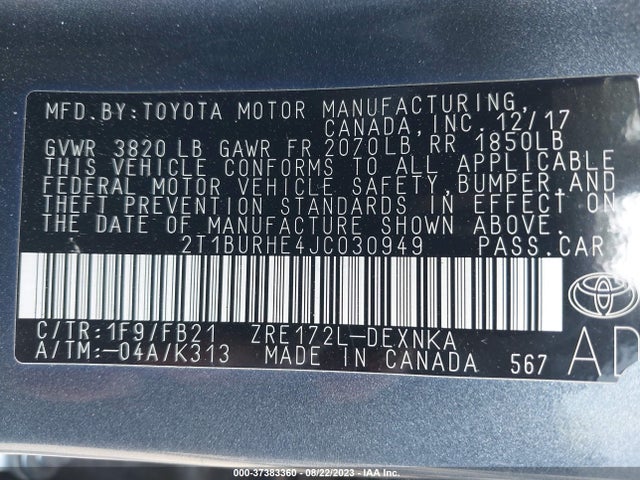 2018 TOYOTA COROLLA L/LE/XLE/SE/XSE VIN: 2T1BURHE4JC030949