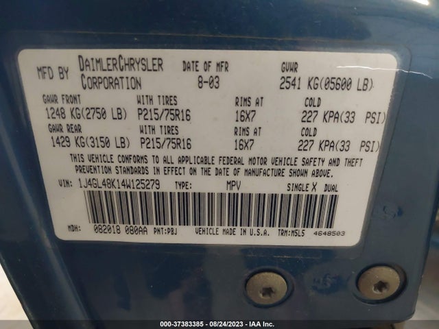 2004 JEEP LIBERTY SPORT VIN: 1J4GL48K14W125279