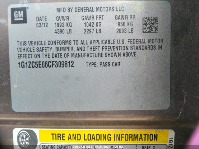 2012 CHEVROLET MALIBU LT W/1LT VIN: 1G1ZC5E06CF309812