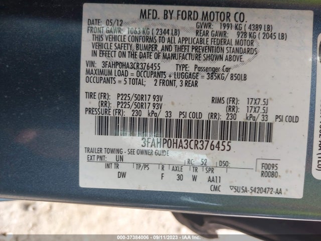 2012 FORD FUSION SE VIN: 3FAHP0HA3CR376455