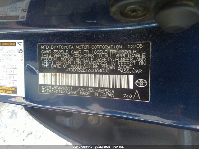 2006 TOYOTA COROLLA CE/LE VIN: JTDBR32E160064033