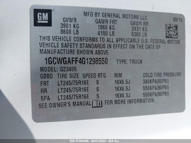 Chevrolet EXPRESS CARGO VAN 2016 1GCWGAFF4G1298550 Image 16