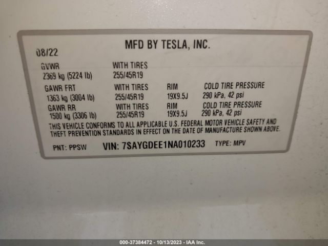 7SAYGDEE1NA010233 Tesla Model Y Long Range