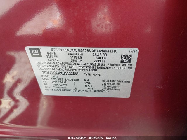 Chevrolet EQUINOX LT 2016 2GNALCEKXG1122541 Image 9