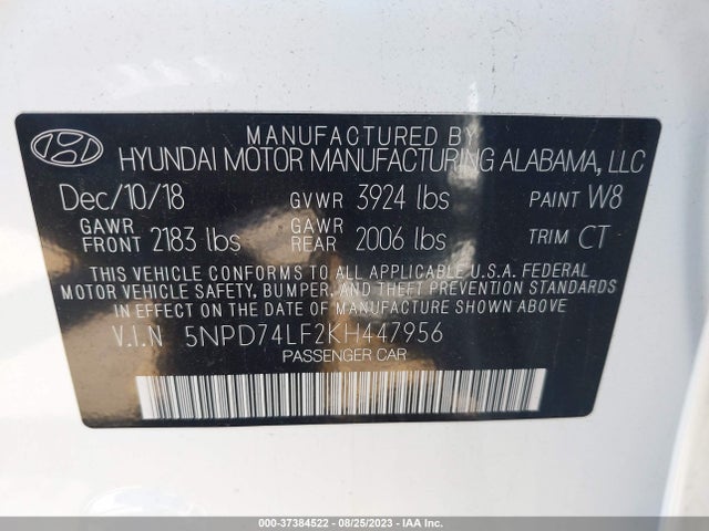 2019 HYUNDAI ELANTRA SE VIN: 5NPD74LF2KH447956
