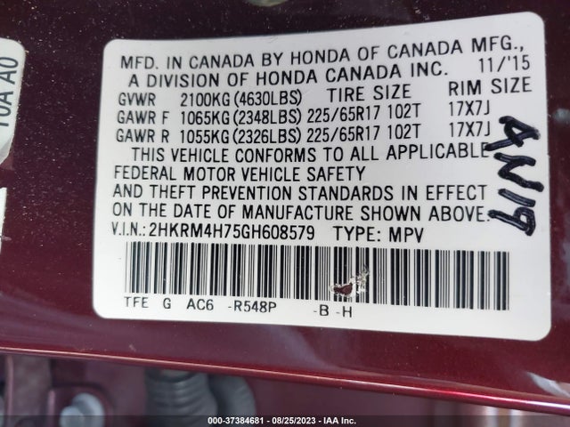 Honda Cr-v Ex-l 2016 2HKRM4H75GH608579 Image 16
