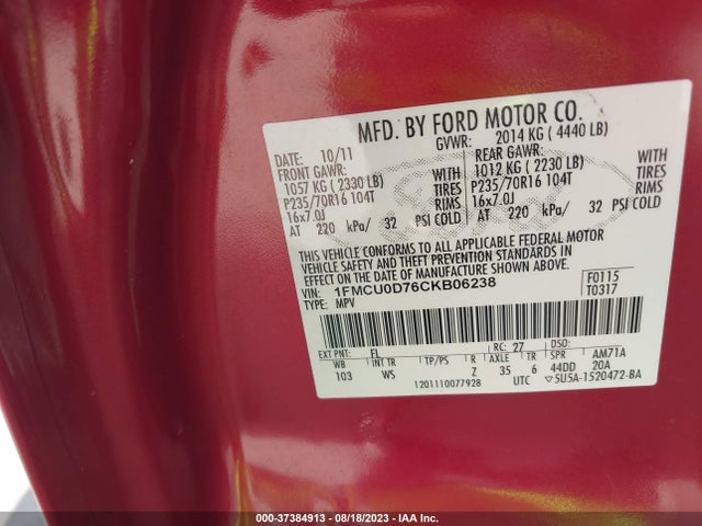 2012 FORD ESCAPE XLT VIN: 1FMCU0D76CKB06238