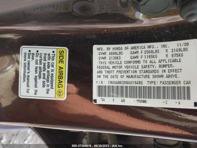 2009 ACURA TL VIN: 19UUA86299A015482