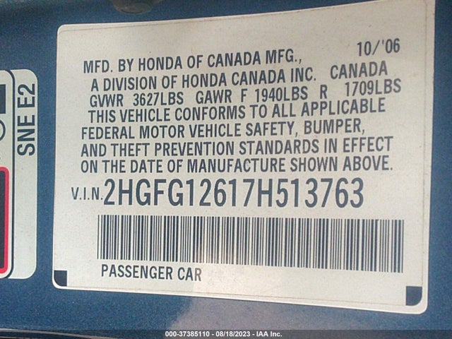 2007 HONDA CIVIC CPE LX VIN: 2HGFG12617H513763