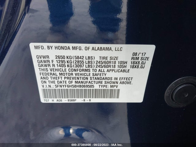 2017 HONDA PILOT EX-L VIN: 5FNYF6H58HB069505