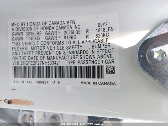 2022 HONDA CIVIC SEDAN LX VIN: 2HGFE2F27NH533421