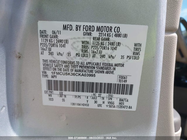 2012 FORD ESCAPE HYBRID VIN: 1FMCU5K36CKA03995