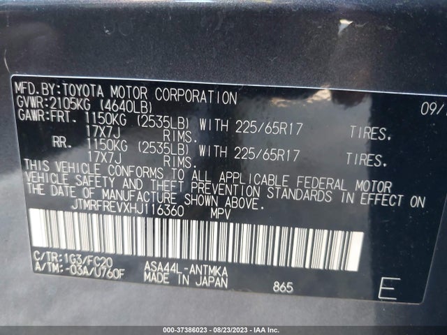 2017 TOYOTA RAV4 XLE VIN: JTMRFREVXHJ116360