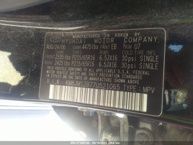 2007 HYUNDAI TUCSON GLS VIN: KM8JM12B77U521065