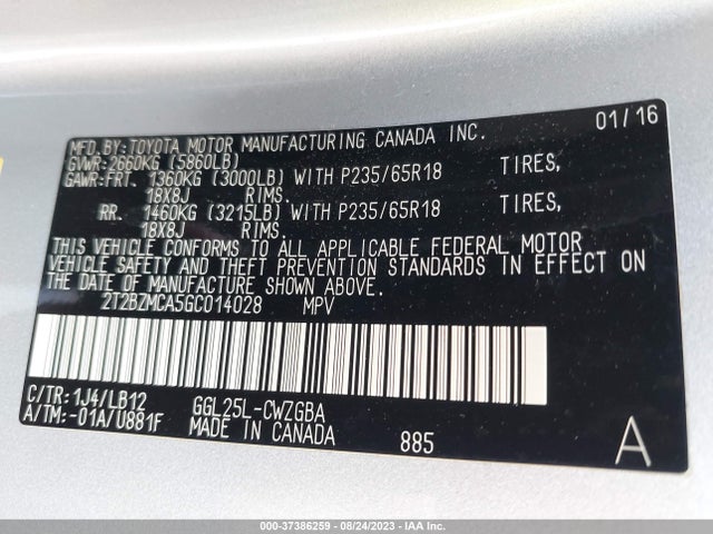 2T2BZMCA5GC014028 Lexus RX 350