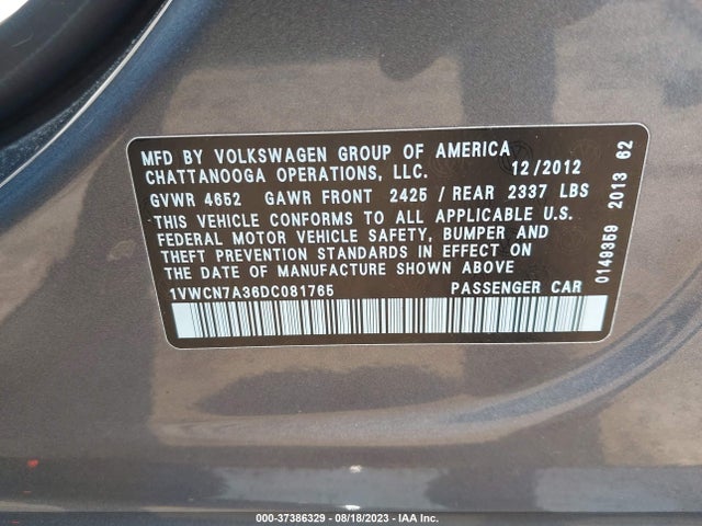2013 VOLKSWAGEN PASSAT 2.0L TDI SEL PREMIUM VIN: 1VWCN7A36DC081765