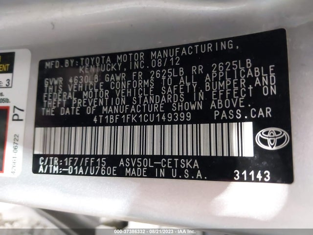 2012 TOYOTA CAMRY L/LE/SE/XLE VIN: 4T1BF1FK1CU149399