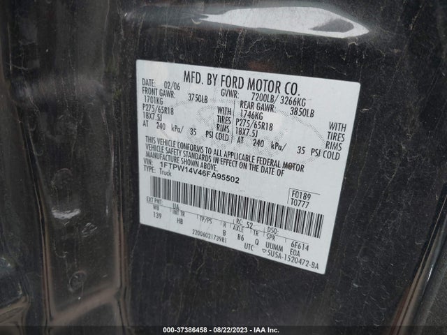 2006 FORD F-150 XLT/FX4/LARIAT/KING RANCH VIN: 1FTPW14V46FA95502