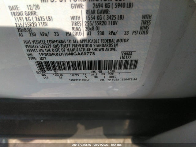 2021 FORD EXPLORER XLT VIN: 1FMSK8DH9MGA69778