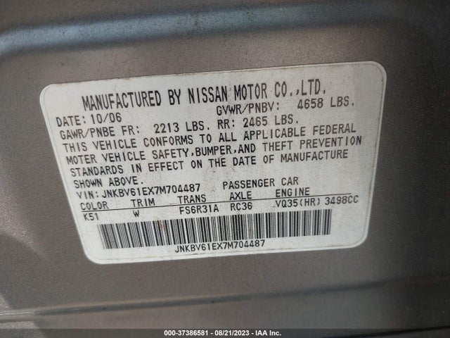 2007 INFINITI G35 SEDAN SPORT VIN: JNKBV61EX7M704487