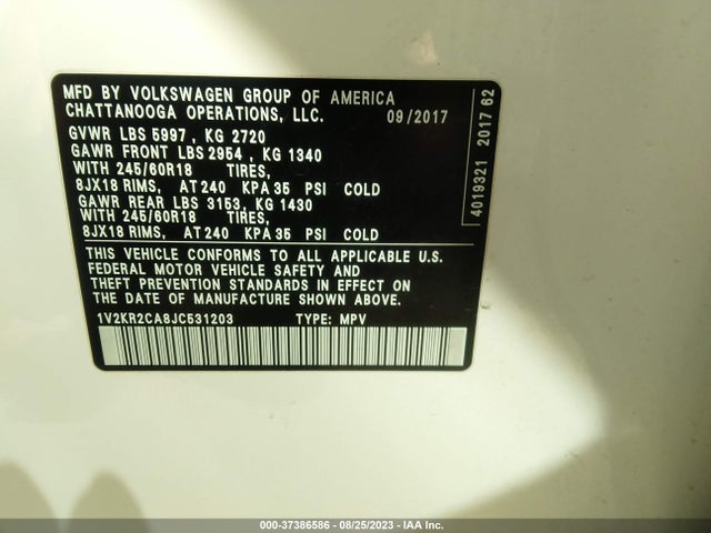1V2KR2CA8JC531203 Volkswagen Atlas 3.6l V6 Se
