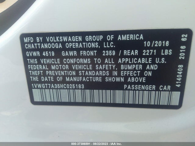 1VWGT7A35HC025183 Volkswagen Passat 1.8t Se W/technology