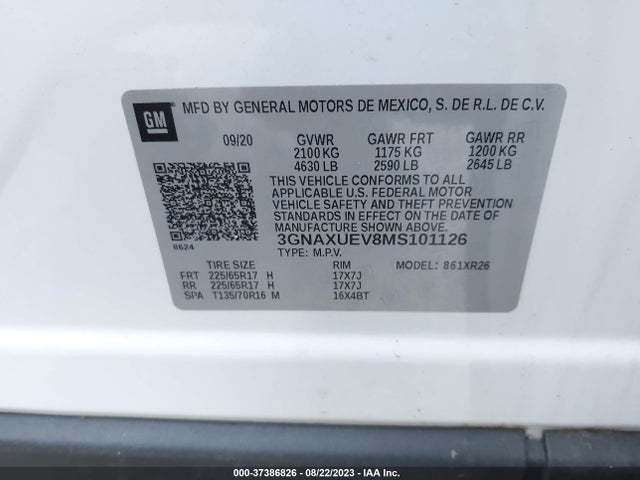2021 CHEVROLET EQUINOX LT VIN: 3GNAXUEV8MS101126