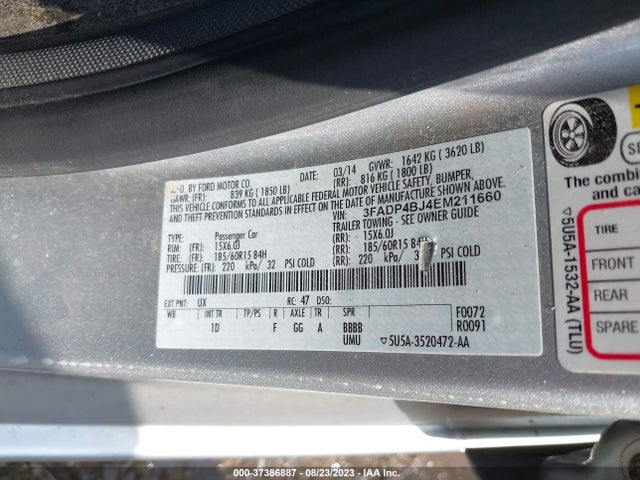 2014 FORD FIESTA SE VIN: 3FADP4BJ4EM211660