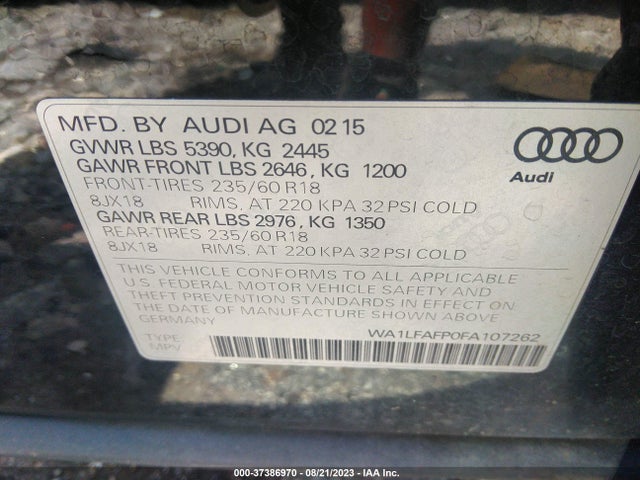 2015 AUDI Q5 PREMIUM PLUS VIN: WA1LFAFP0FA107262