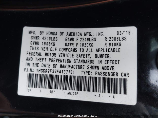Honda ACCORD LX 2015 1HGCR2F37FA137781 Image 9