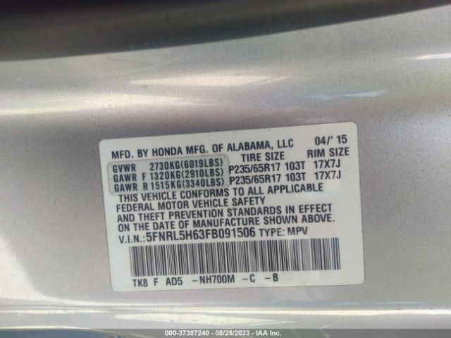 5FNRL5H63FB091506 Honda Odyssey Ex-l