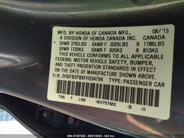 Honda Civic Sedan Ex 2015 2HGFB2F8XFH554794 Image 9